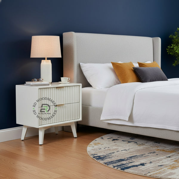 MODERN FLUTED WHITE BEDSIDE TABLE WITH 2 DRAWERS