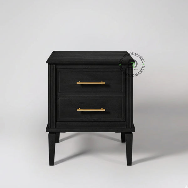 CLASSIC BLACK WOODEN BEDSIDE TABLE WITH 2 DRAWERS
