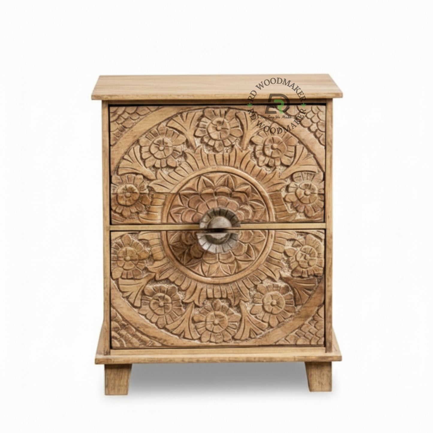 HAND CARVED FLORAL WOODEN BEDSIDE TABLE