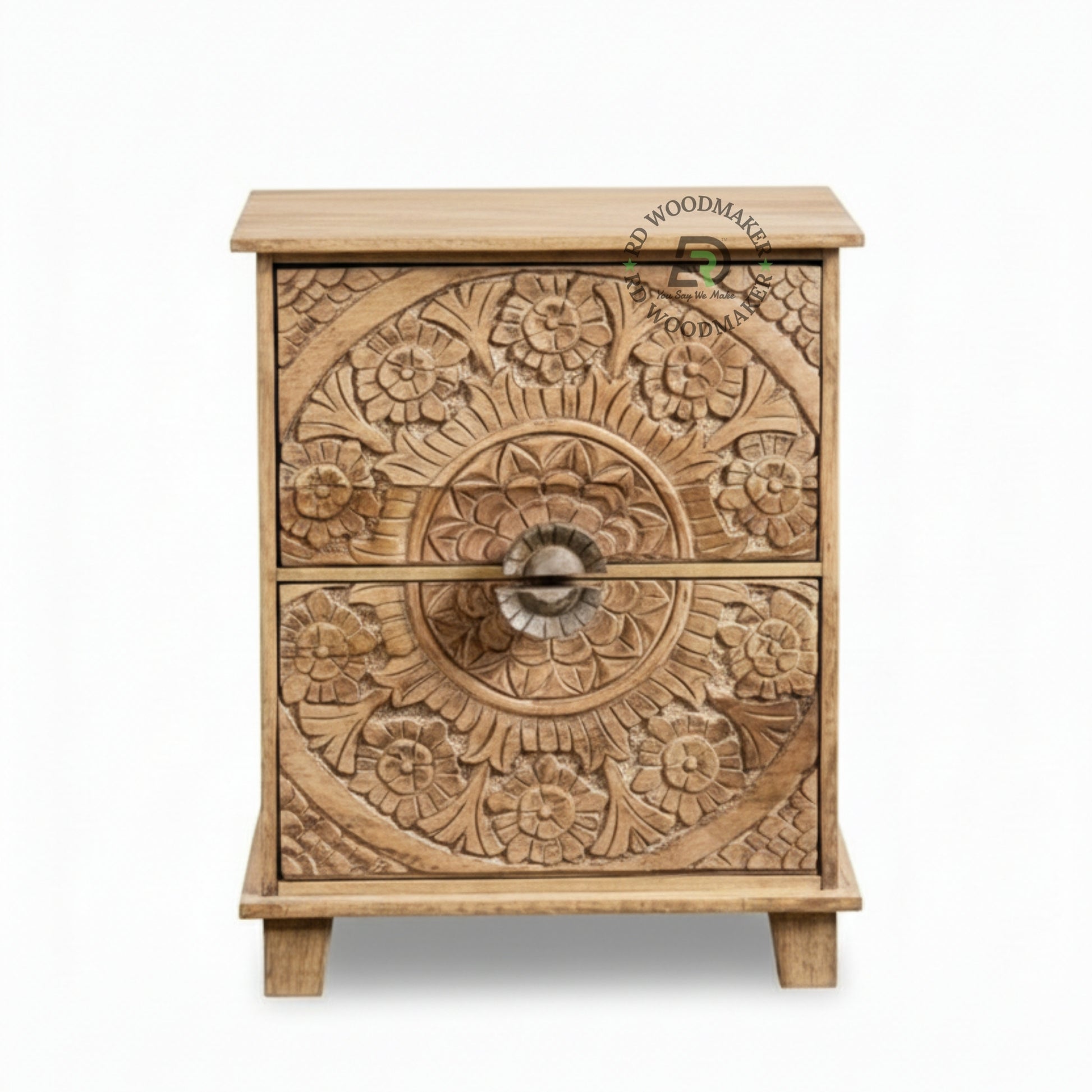 HAND CARVED FLORAL WOODEN BEDSIDE TABLE
