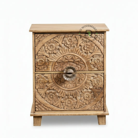 HAND CARVED FLORAL WOODEN BEDSIDE TABLE