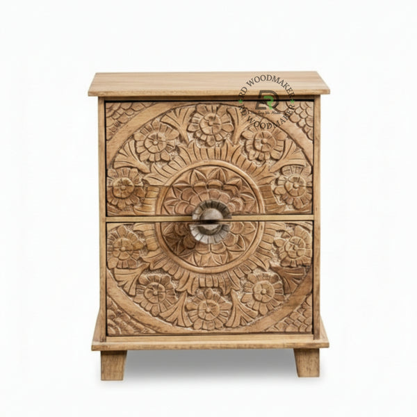HAND CARVED FLORAL WOODEN BEDSIDE TABLE