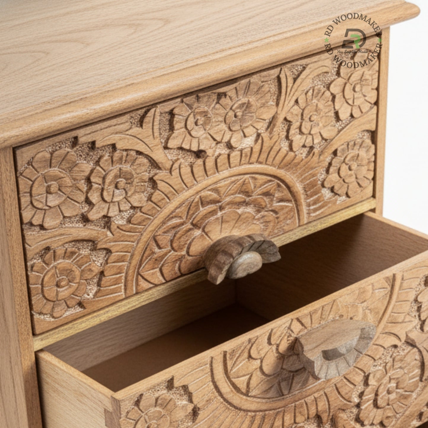HAND CARVED FLORAL WOODEN BEDSIDE TABLE