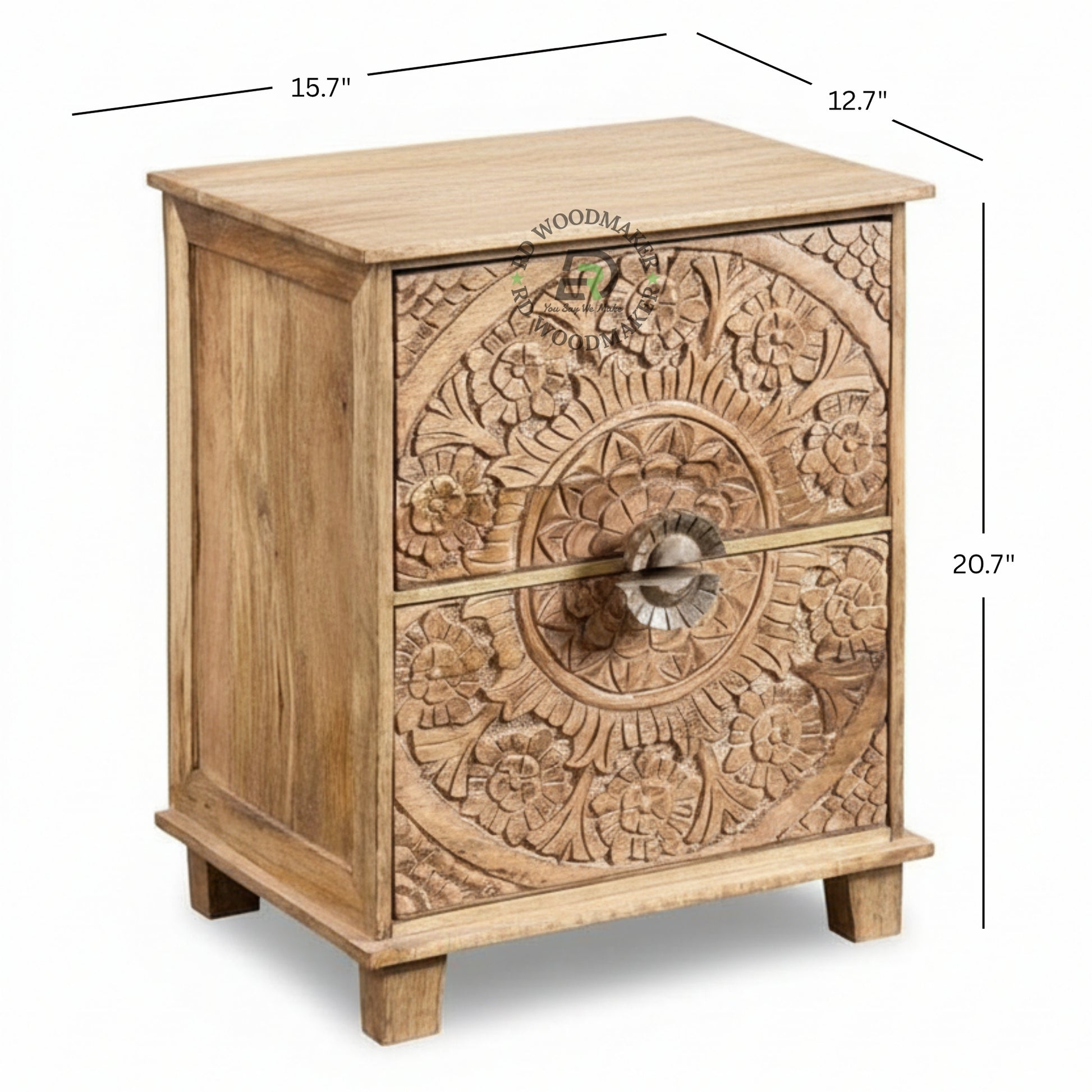 HAND CARVED FLORAL WOODEN BEDSIDE TABLE