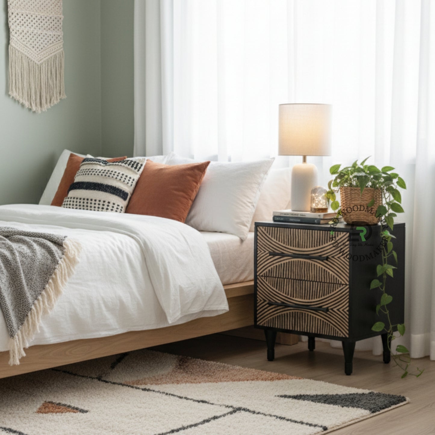 MODERN GEOMETRIC PATTERN WOODEN BEDSIDE TABLE