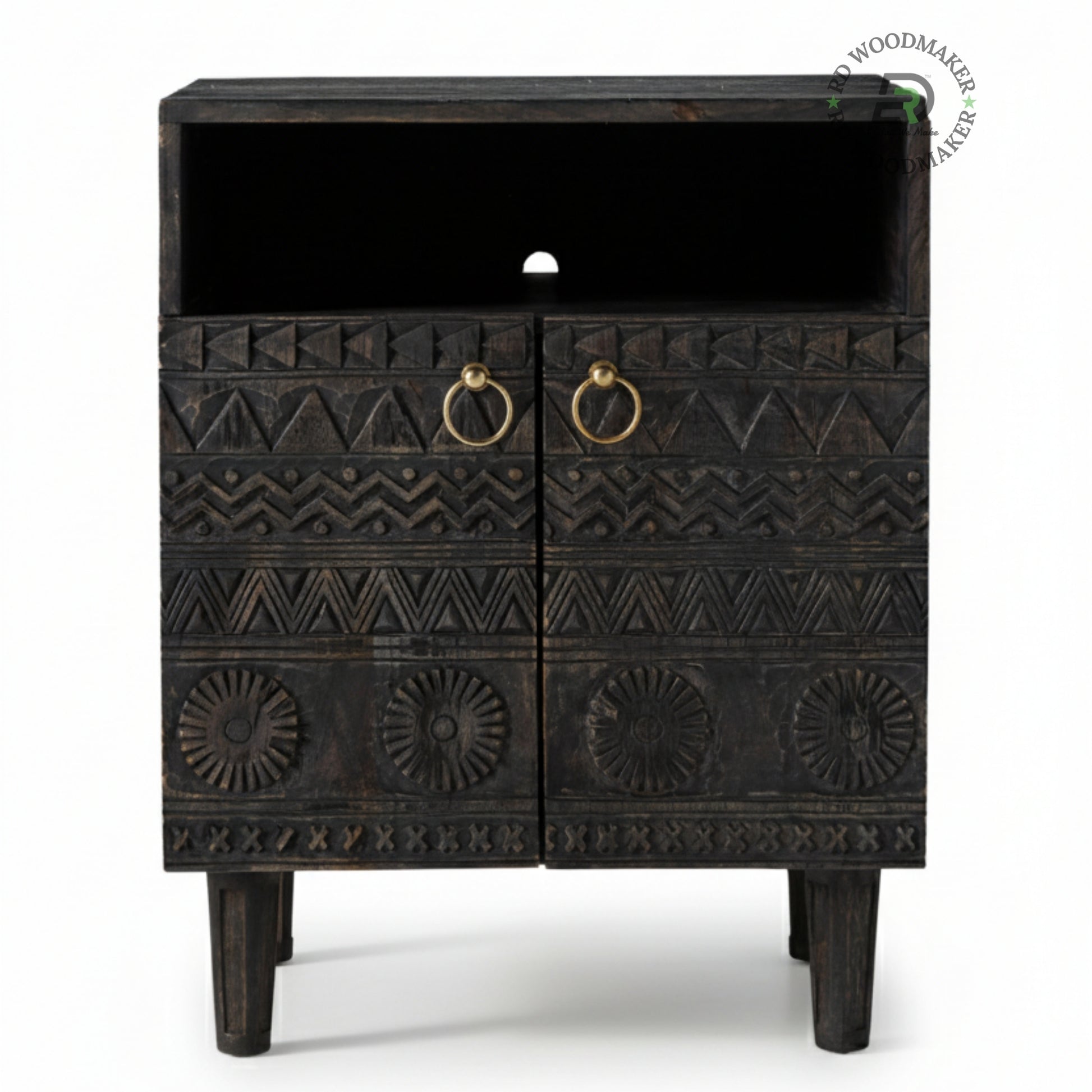 HAND CARVED TRIBAL WOODEN BEDSIDE CABINET
