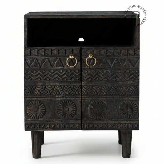 HAND CARVED TRIBAL WOODEN BEDSIDE CABINET