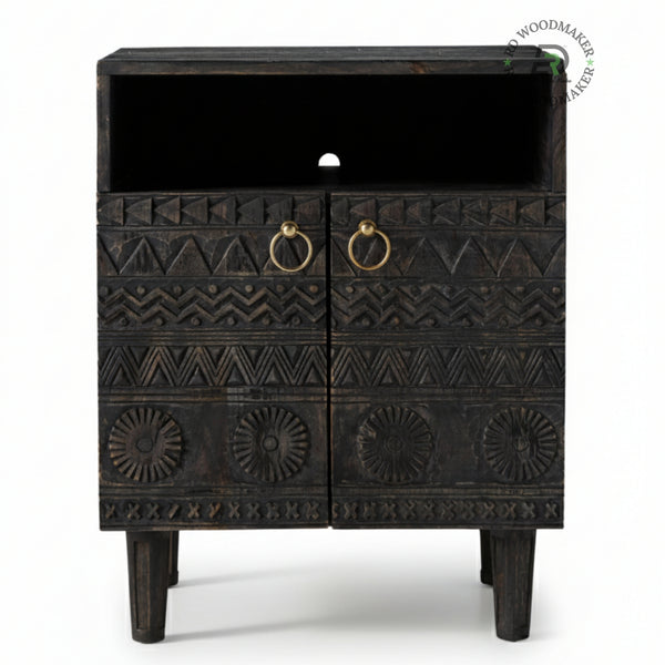 HAND CARVED TRIBAL WOODEN BEDSIDE CABINET