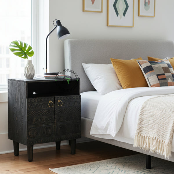 HAND CARVED TRIBAL WOODEN BEDSIDE CABINET