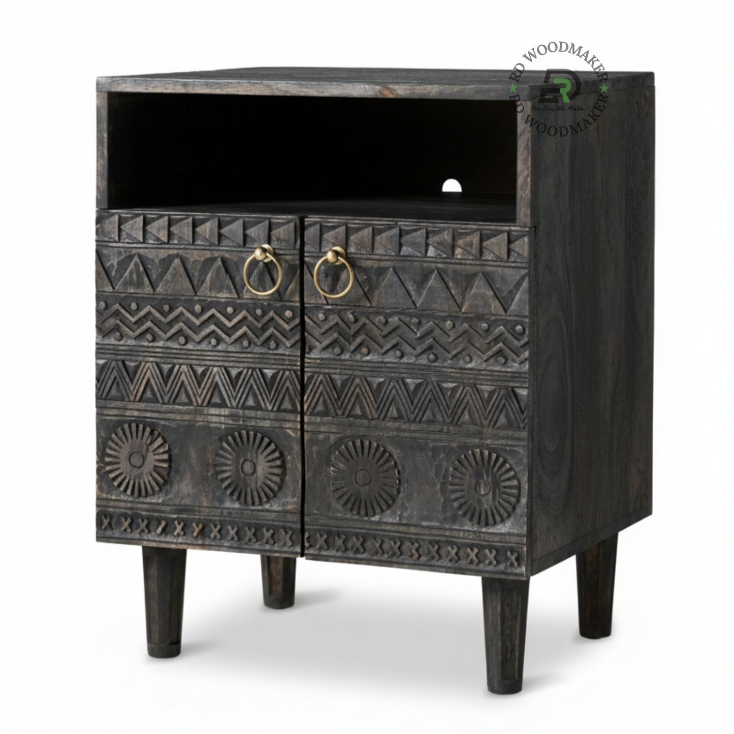 HAND CARVED TRIBAL WOODEN BEDSIDE CABINET