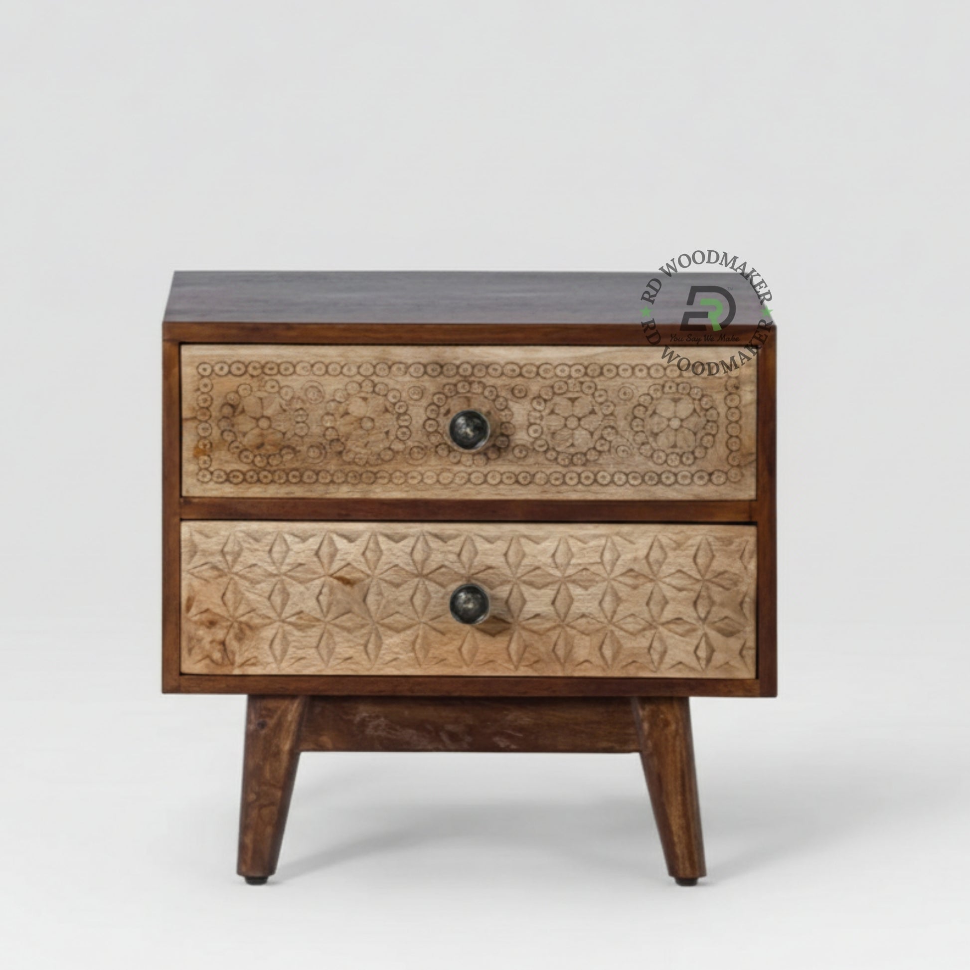 HAND CARVED DUAL PATTERN WOODEN BEDSIDE TABLE