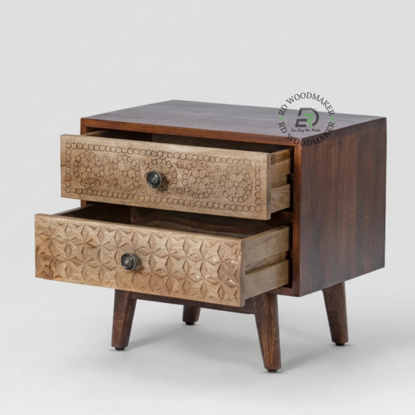 HAND CARVED DUAL PATTERN WOODEN BEDSIDE TABLE