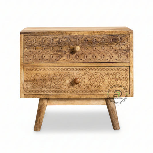ELEGANT CARVED WOODEN BEDSIDE TABLE WITH 2 DRAWERS