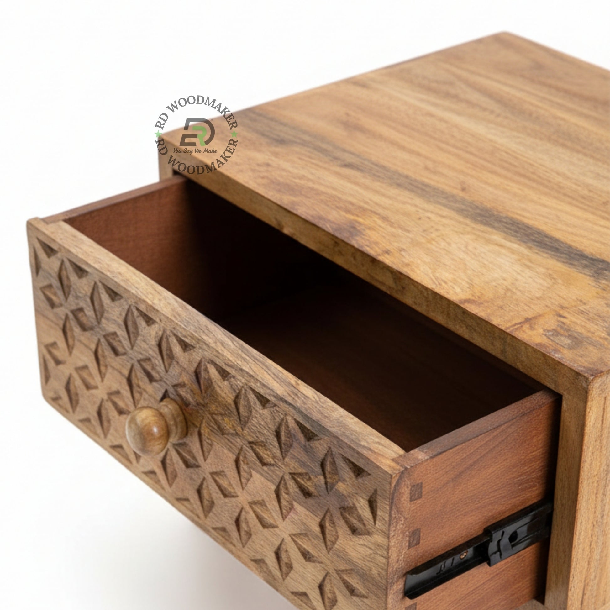 ELEGANT CARVED WOODEN BEDSIDE TABLE WITH 2 DRAWERS