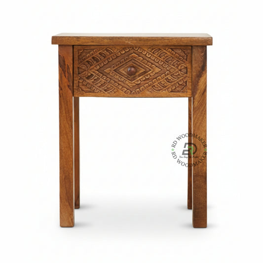 COMPACT CARVED WOODEN BEDSIDE TABLE WITH SINGLE DRAWER

