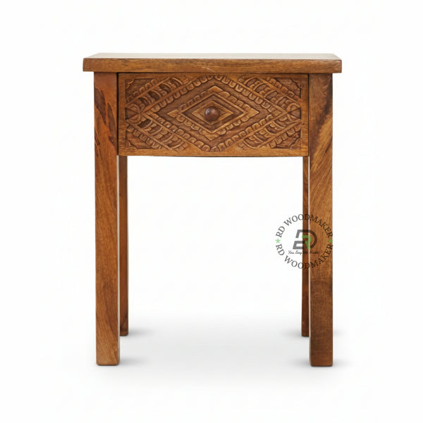 COMPACT CARVED WOODEN BEDSIDE TABLE WITH SINGLE DRAWER