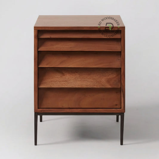 MODERN SLATTED WOODEN BEDSIDE TABLE WITH METAL LEGS