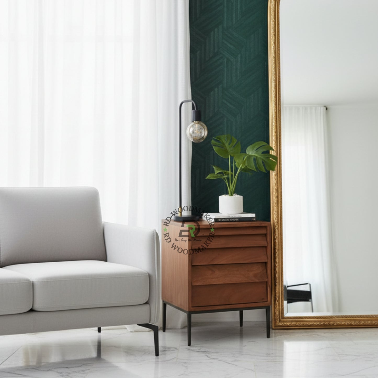 MODERN SLATTED WOODEN BEDSIDE TABLE WITH METAL LEGS
