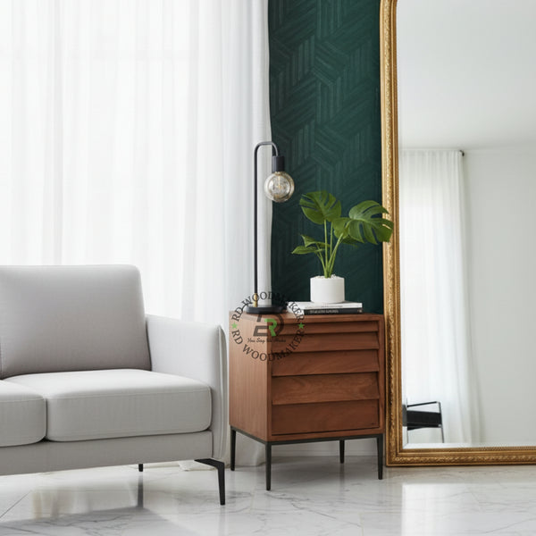 MODERN SLATTED WOODEN BEDSIDE TABLE WITH METAL LEGS