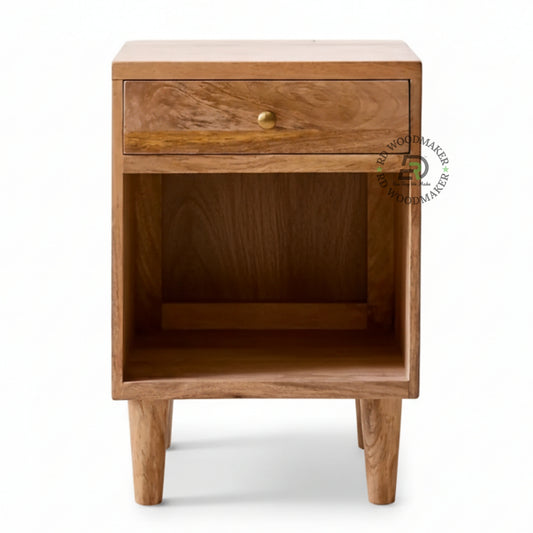 MODERN WOODEN BEDSIDE TABLE WITH DRAWER AND OPEN SHELF