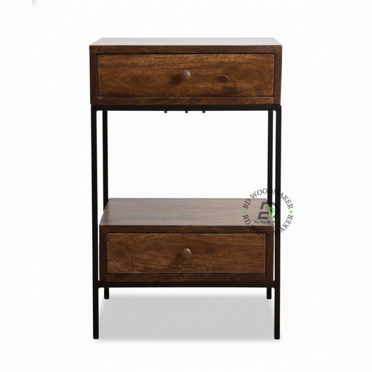 MODERN INDUSTRIAL WOODEN BEDSIDE TABLE WITH METAL FRAME