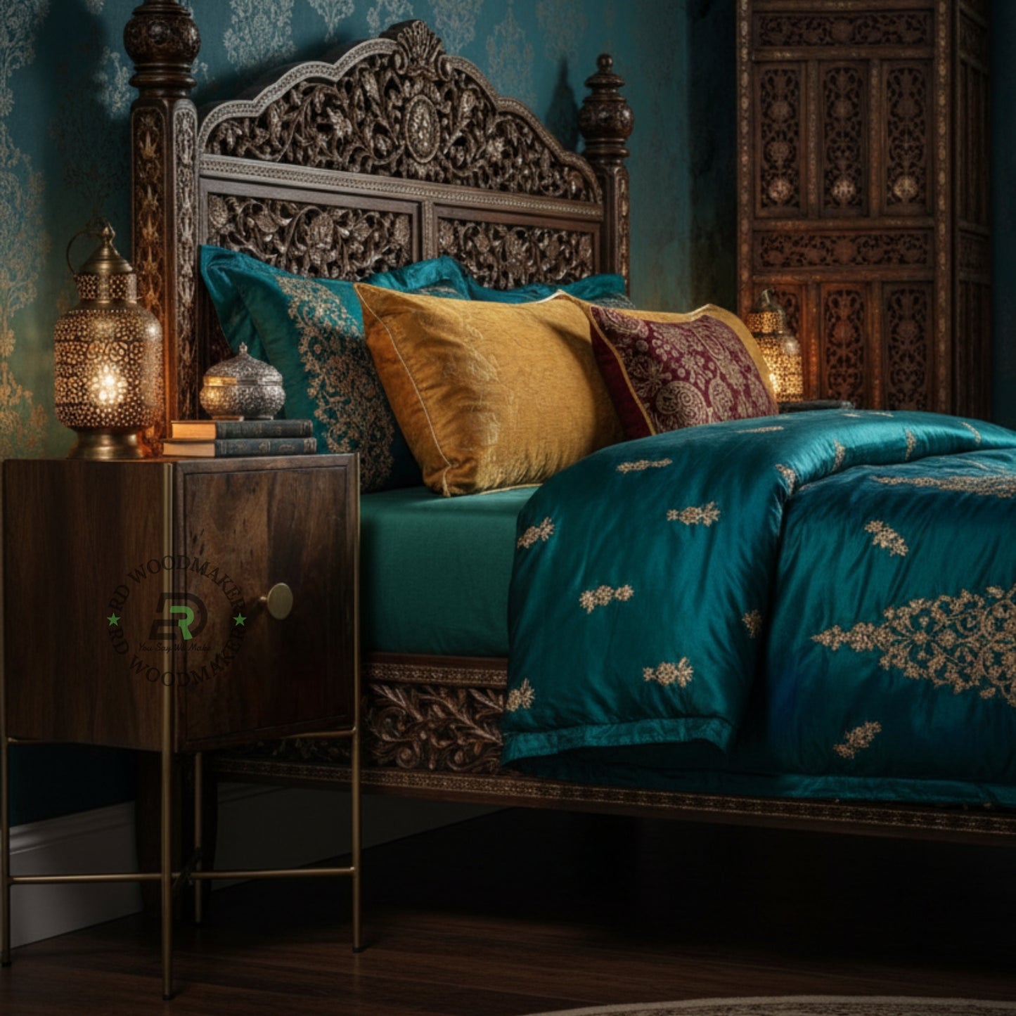 LUXURY WOODEN BEDSIDE TABLE WITH GOLD METAL FRAME
