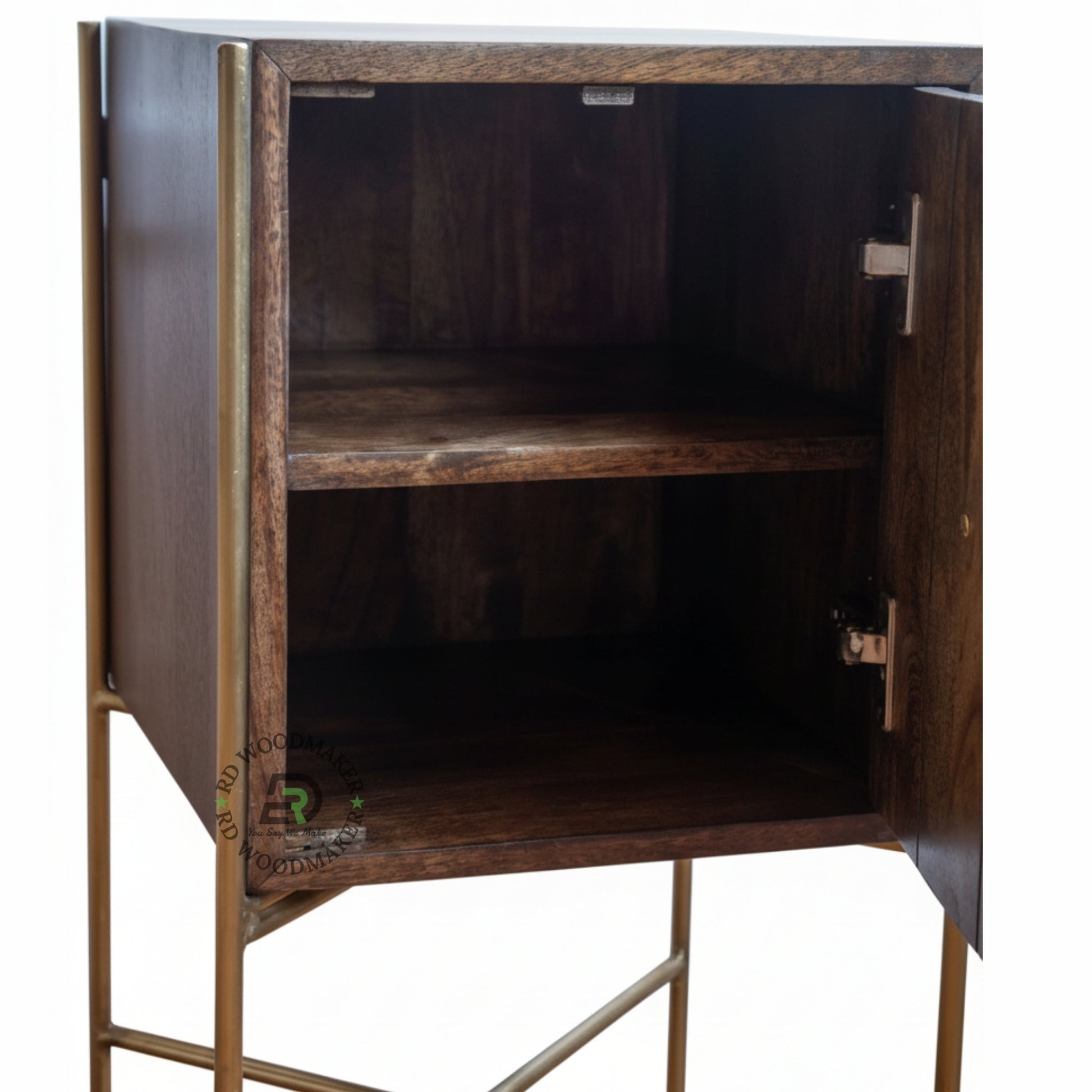 LUXURY WOODEN BEDSIDE TABLE WITH GOLD METAL FRAME
