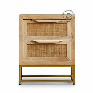 BOHO CANE WOODEN BEDSIDE TABLE WITH GOLD METAL BASE