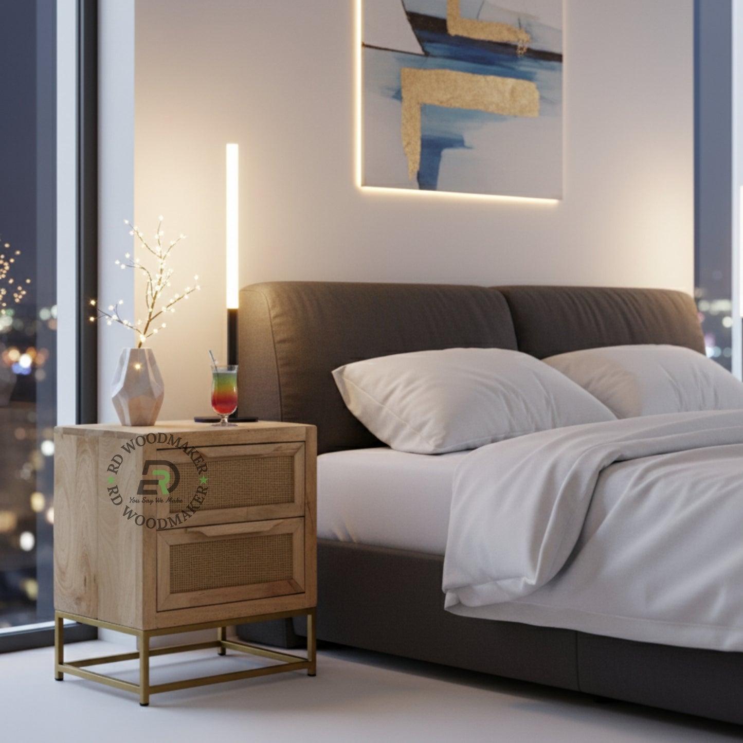 BOHO CANE WOODEN BEDSIDE TABLE WITH GOLD METAL BASE