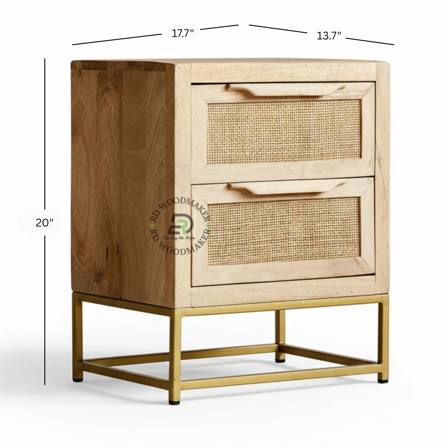 BOHO CANE WOODEN BEDSIDE TABLE WITH GOLD METAL BASE