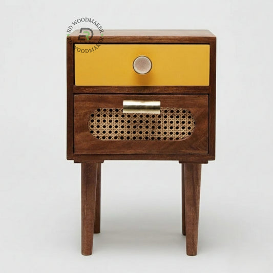 RETRO WOODEN BEDSIDE TABLE WITH CANE DRAWER AND GOLD ACCENT