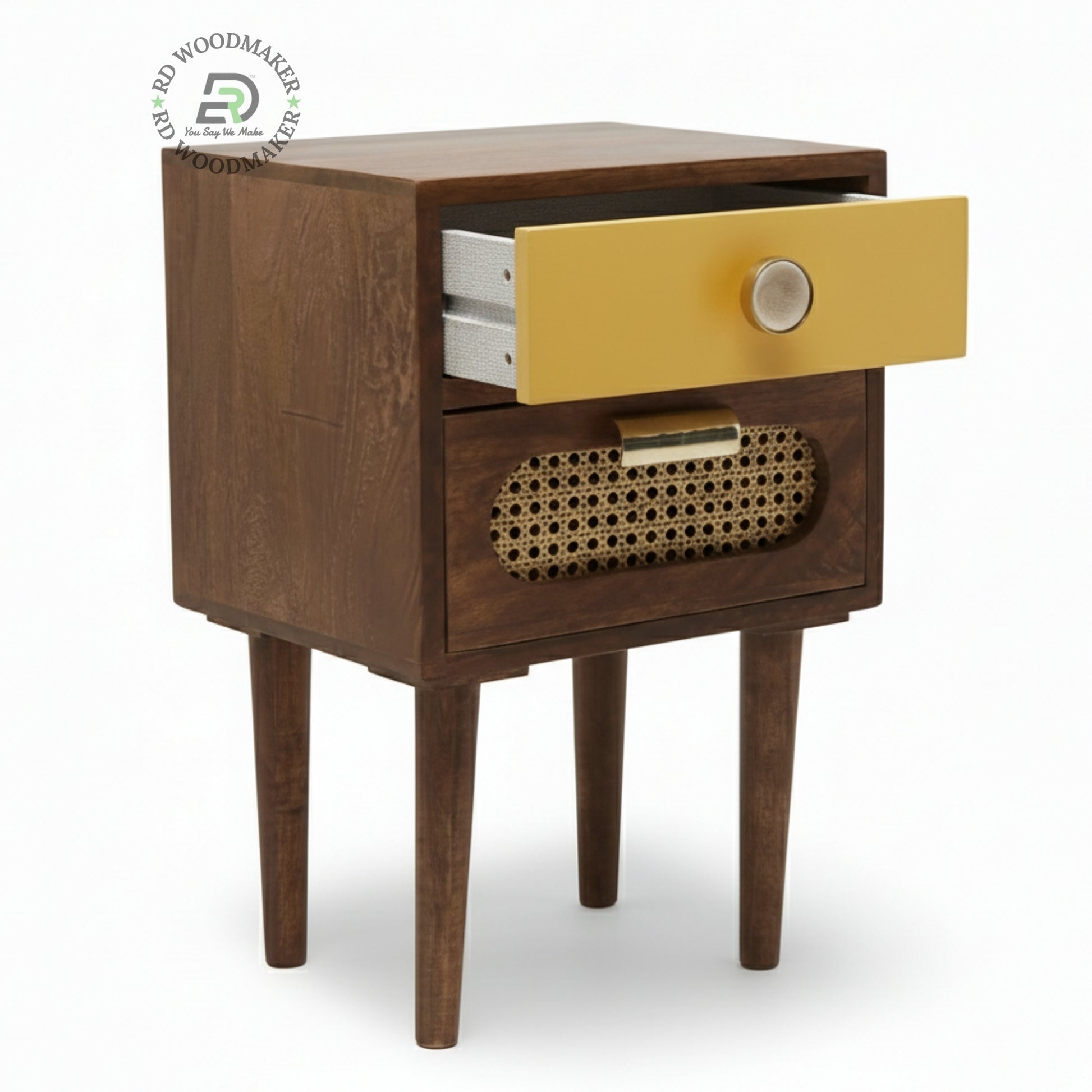 RETRO WOODEN BEDSIDE TABLE WITH CANE DRAWER AND GOLD ACCENT