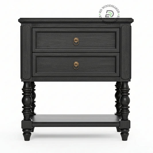 ROYAL BLACK WOODEN BEDSIDE TABLE WITH STORAGE SHELF