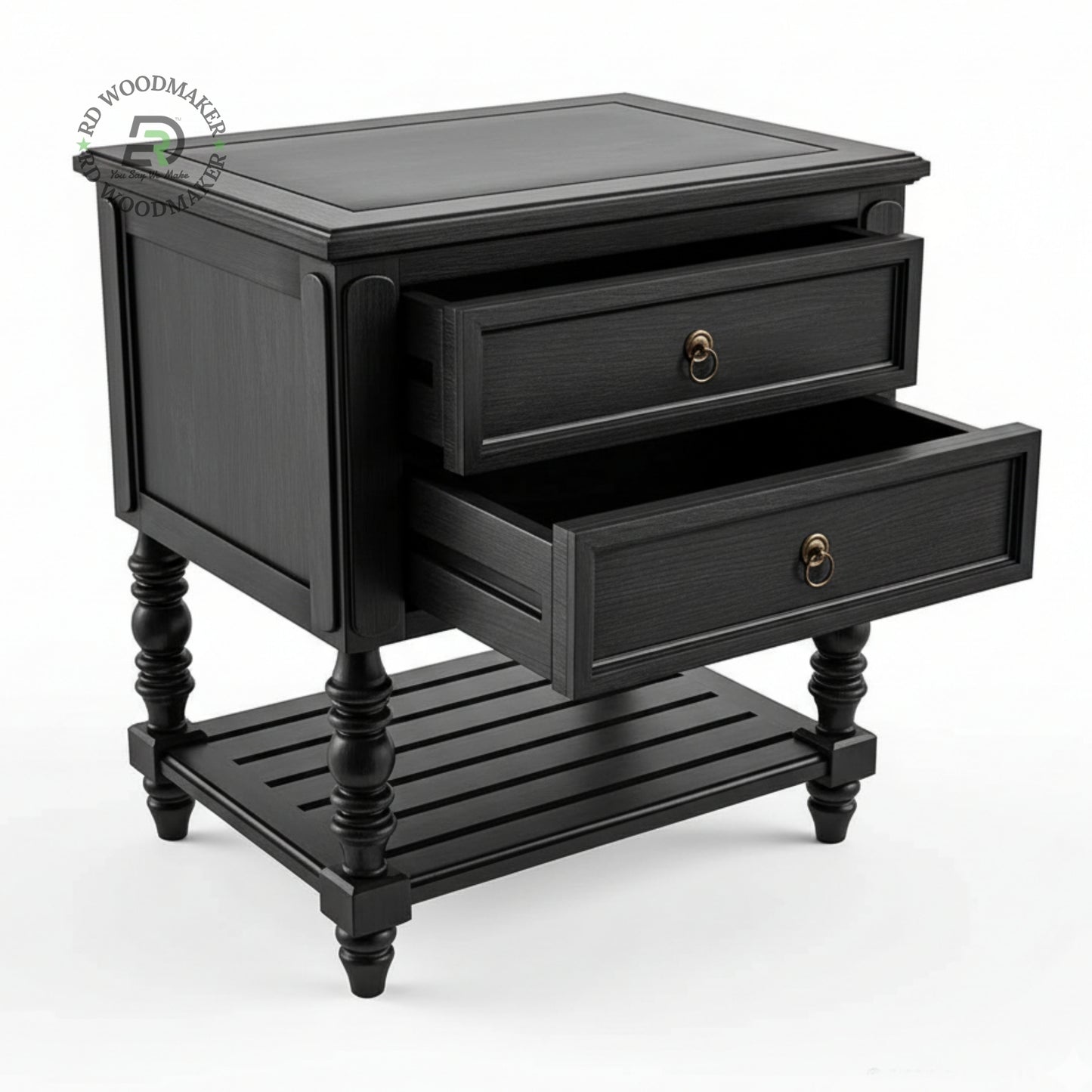 ROYAL BLACK WOODEN BEDSIDE TABLE WITH STORAGE SHELF