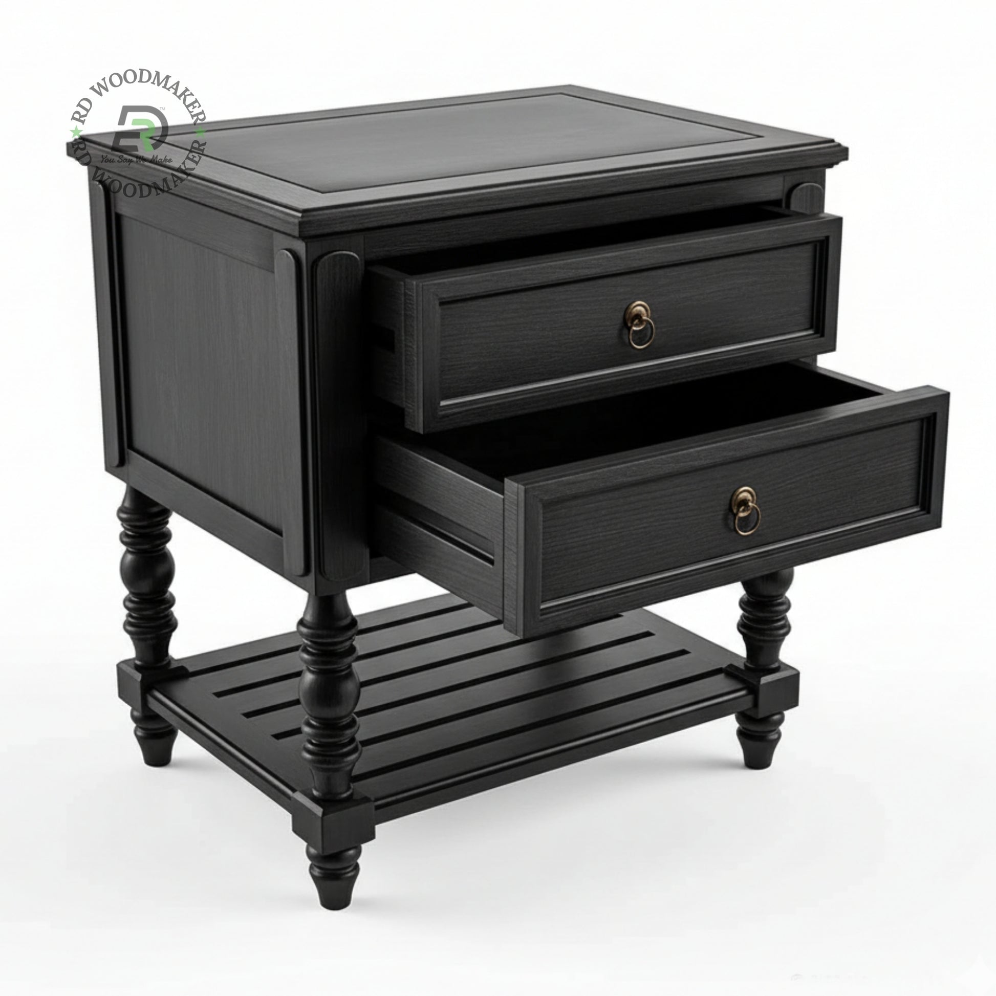 ROYAL BLACK WOODEN BEDSIDE TABLE WITH STORAGE SHELF