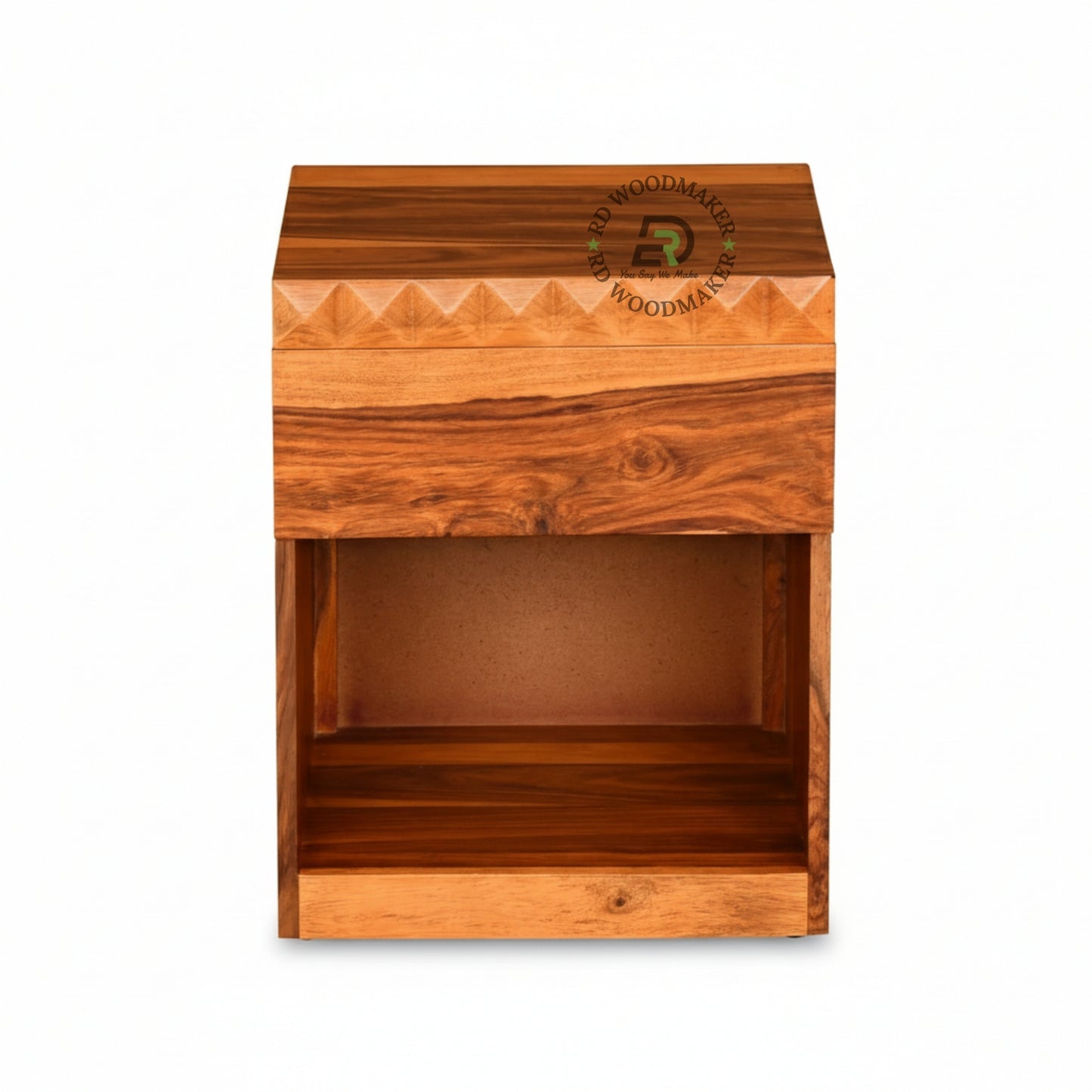 HANDCARVED WOODEN BEDSIDE TABLE WITH OPEN STORAGE