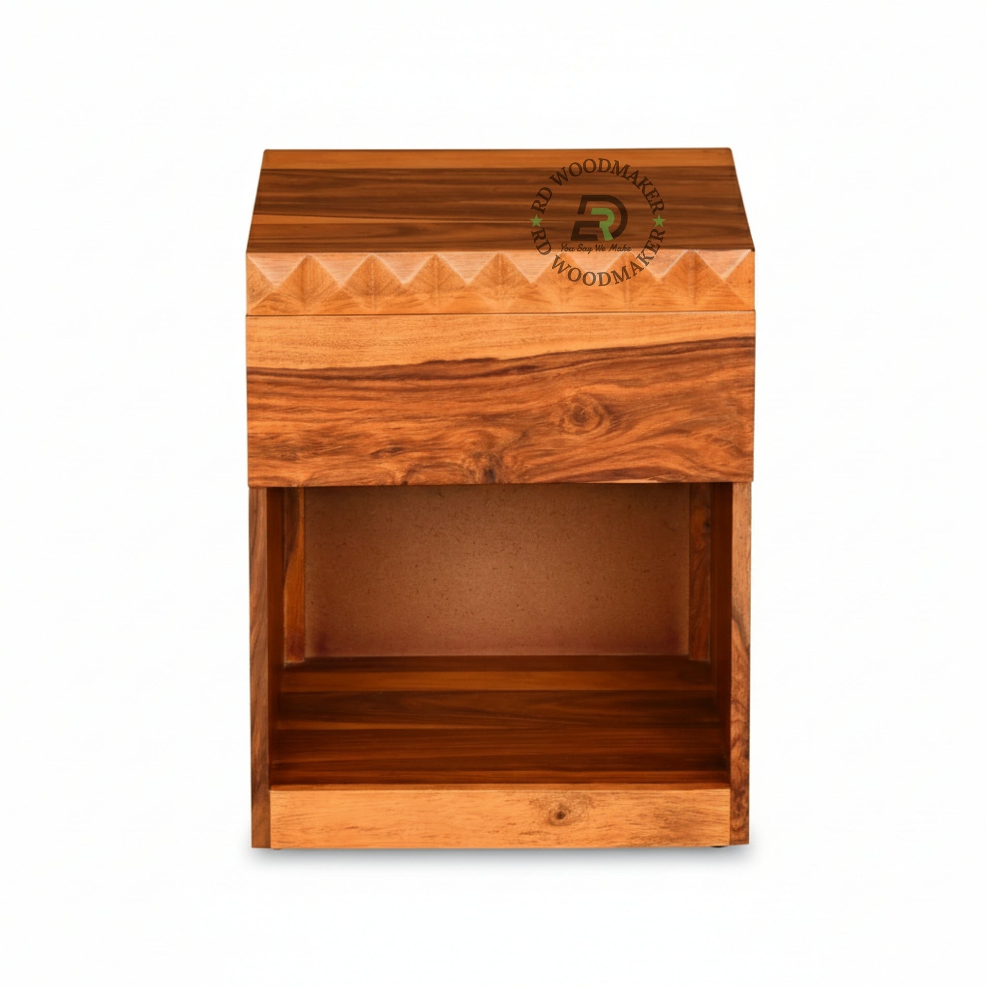 HANDCARVED WOODEN BEDSIDE TABLE WITH OPEN STORAGE