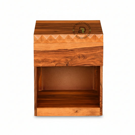 HANDCARVED WOODEN BEDSIDE TABLE WITH OPEN STORAGE