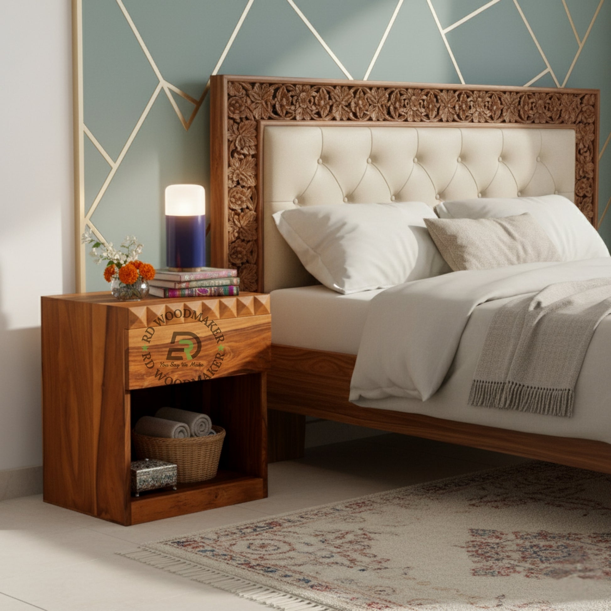 HANDCARVED WOODEN BEDSIDE TABLE WITH OPEN STORAGE