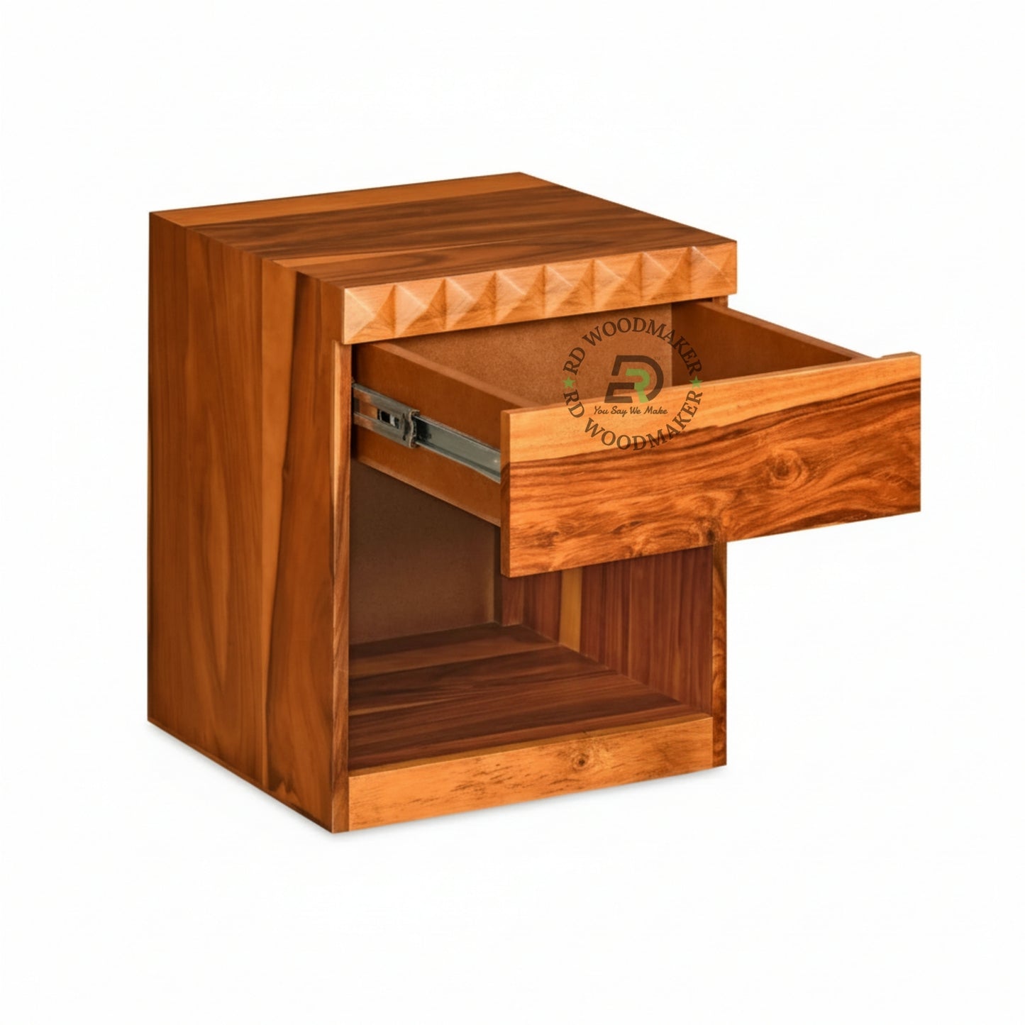 HANDCARVED WOODEN BEDSIDE TABLE WITH OPEN STORAGE