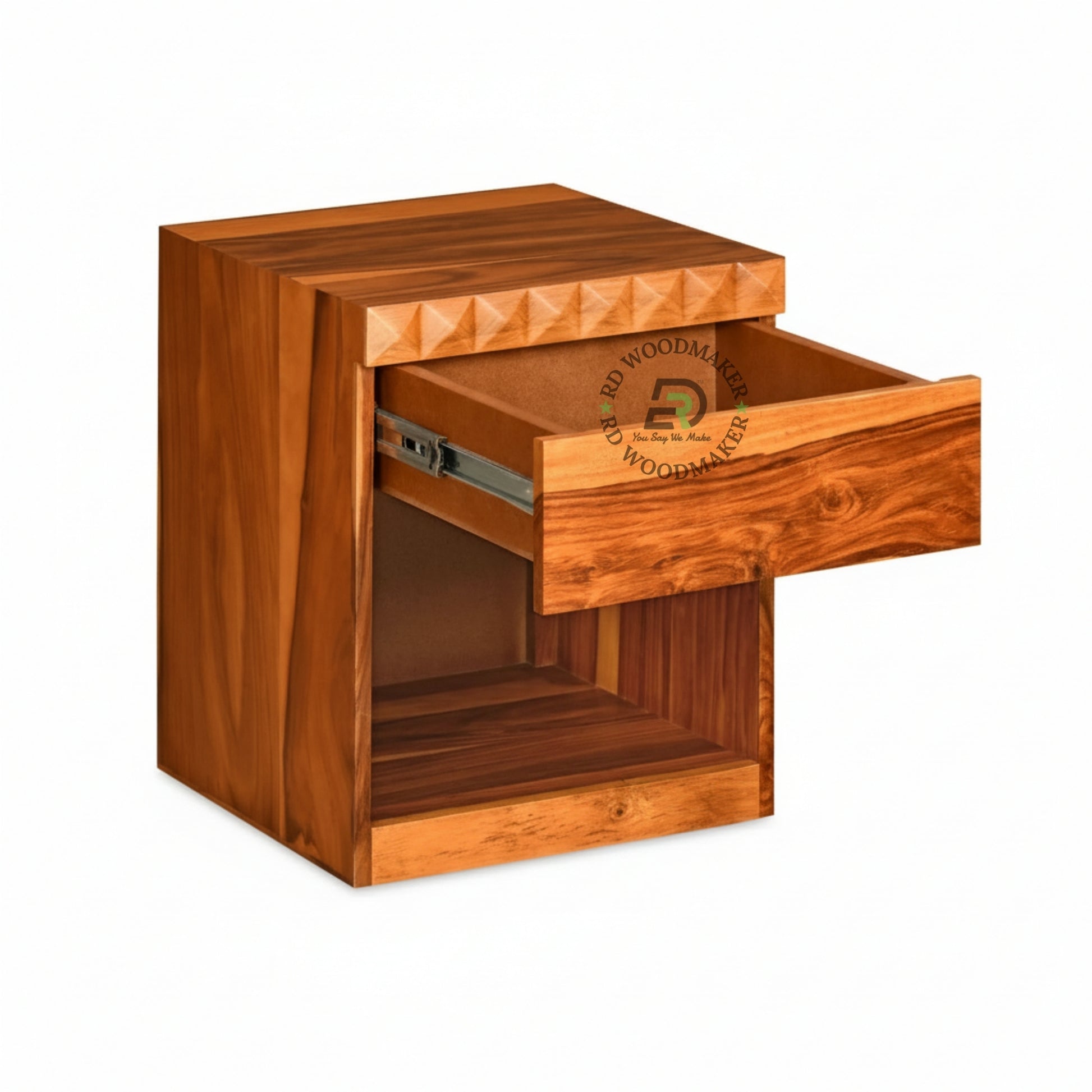 HANDCARVED WOODEN BEDSIDE TABLE WITH OPEN STORAGE