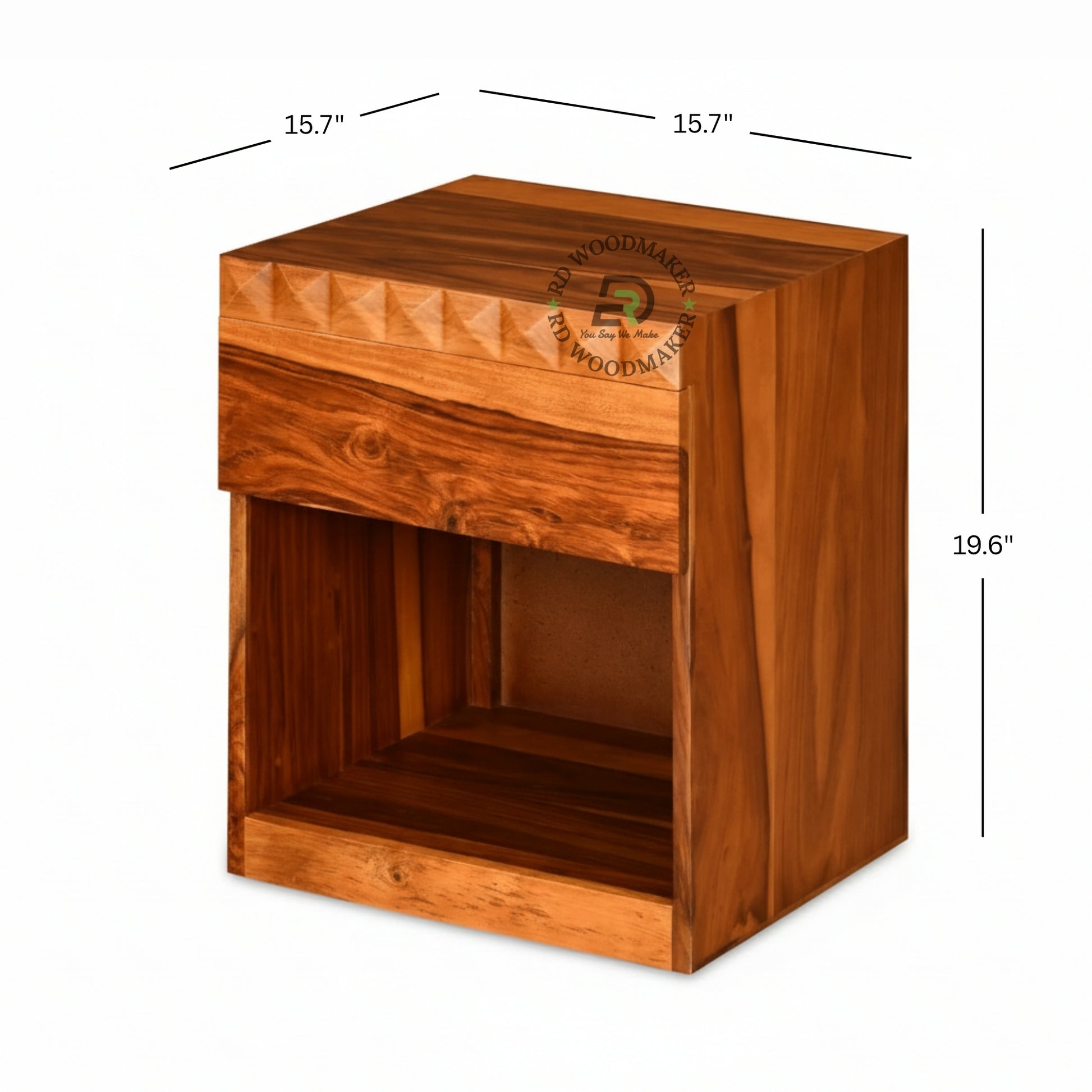 HANDCARVED WOODEN BEDSIDE TABLE WITH OPEN STORAGE