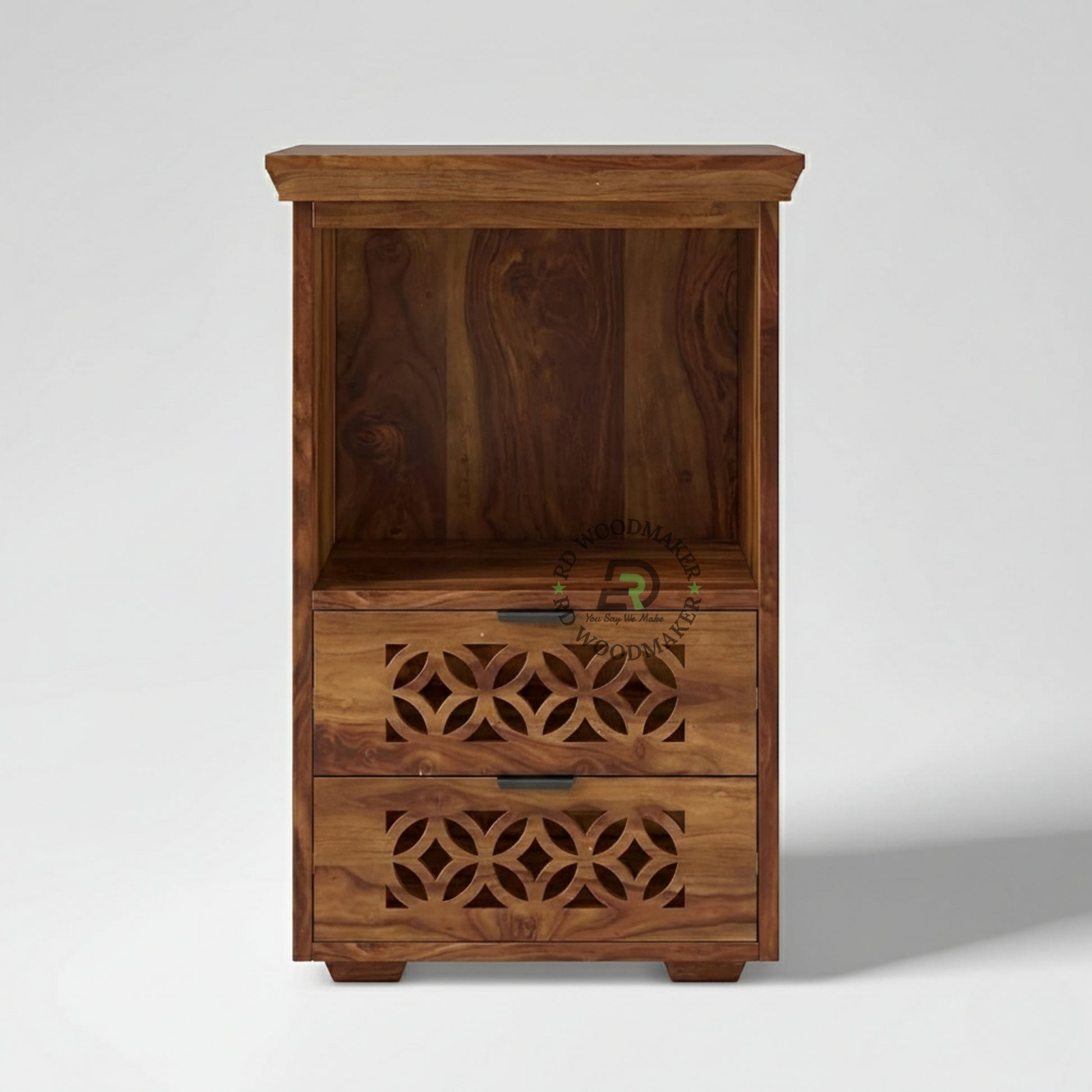 CARVED WOODEN BEDSIDE TABLE WITH DRAWERS & OPEN SHELF