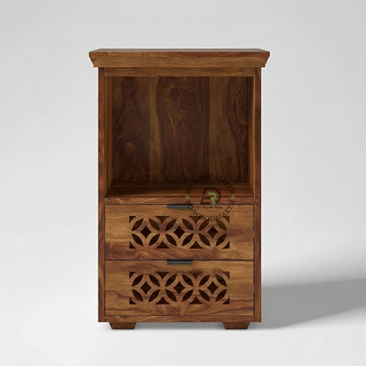 CARVED WOODEN BEDSIDE TABLE WITH DRAWERS & OPEN SHELF