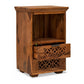 CARVED WOODEN BEDSIDE TABLE WITH DRAWERS & OPEN SHELF