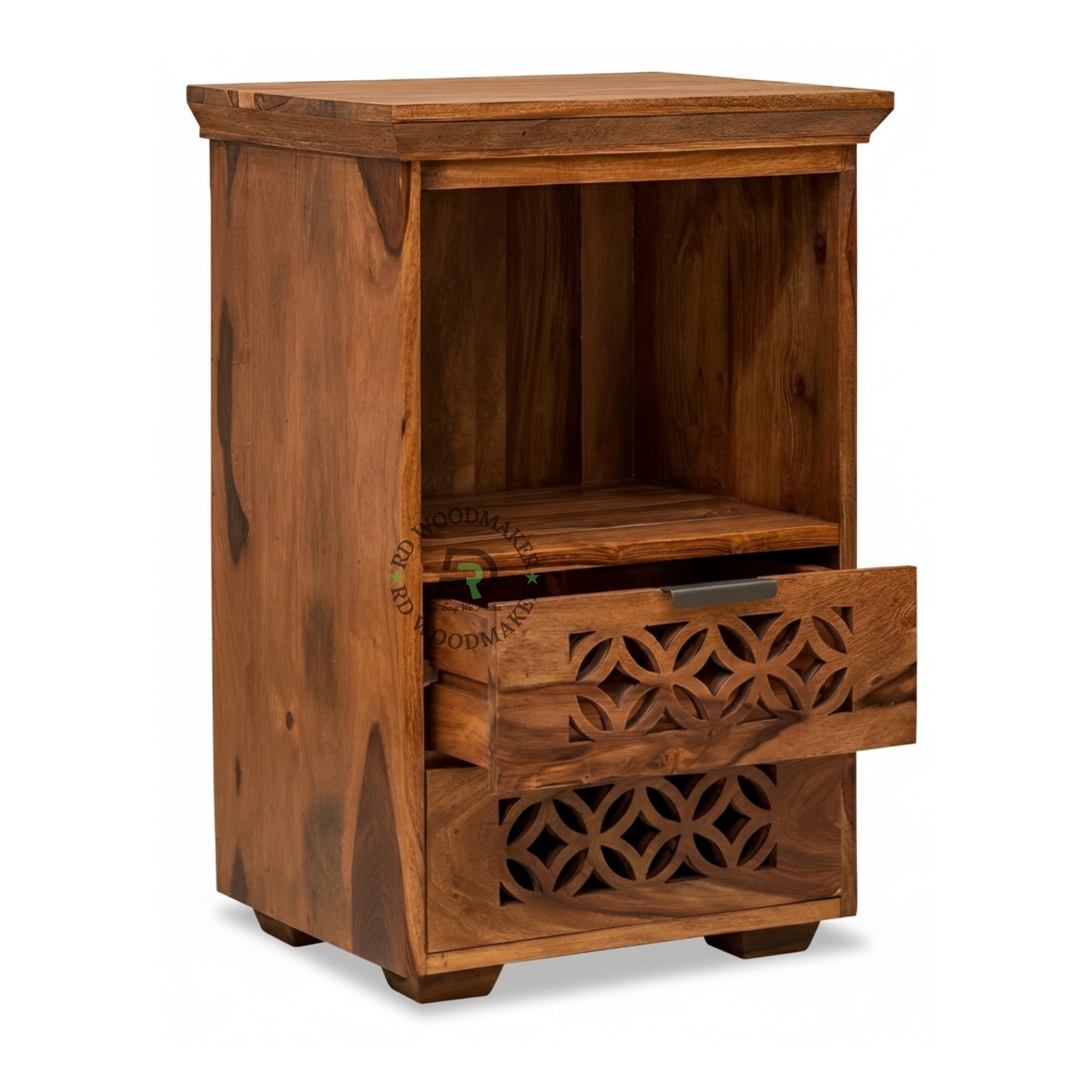 CARVED WOODEN BEDSIDE TABLE WITH DRAWERS & OPEN SHELF