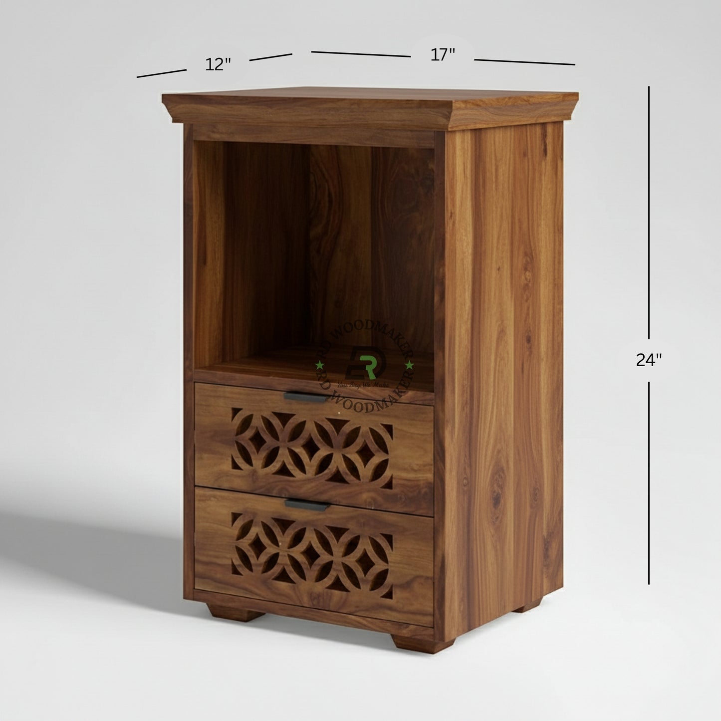 CARVED WOODEN BEDSIDE TABLE WITH DRAWERS & OPEN SHELF