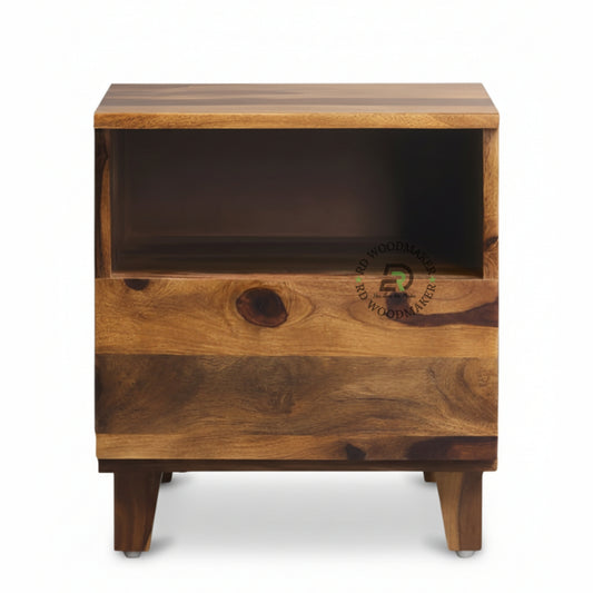 MODERN WOODEN BEDSIDE TABLE WITH DRAWER & OPEN SHELF