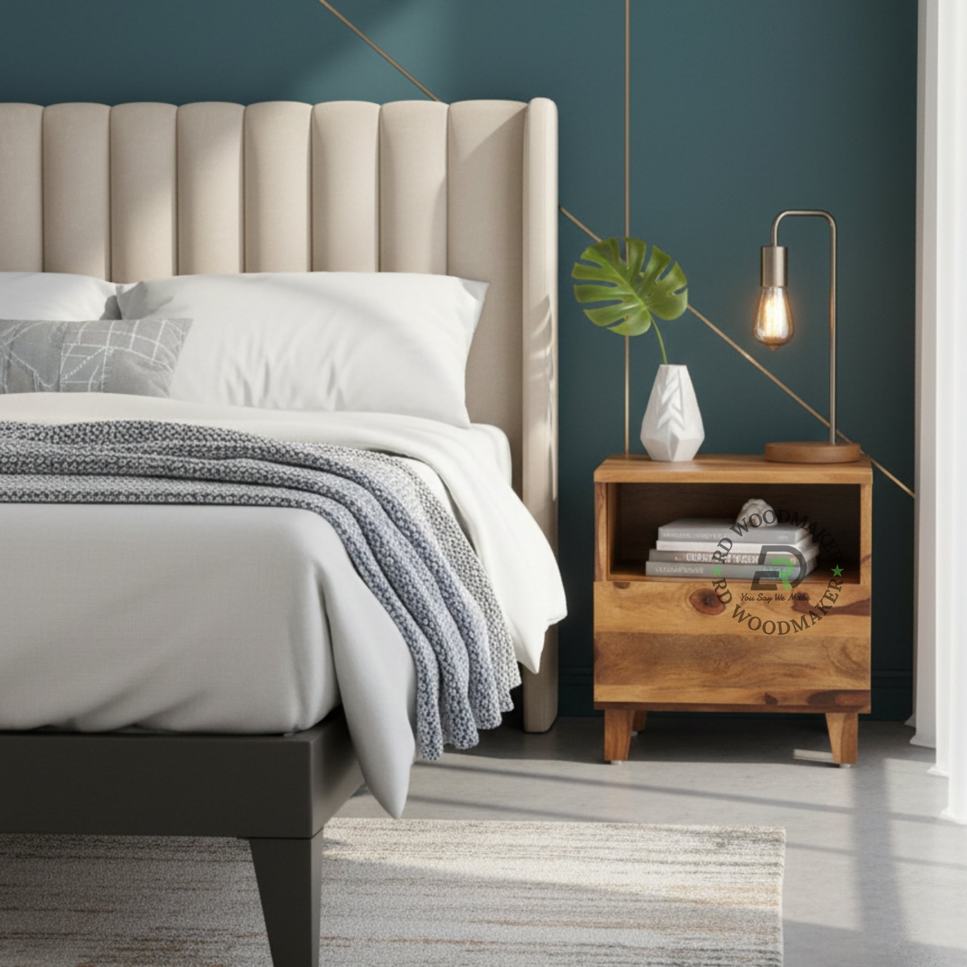 MODERN WOODEN BEDSIDE TABLE WITH DRAWER & OPEN SHELF