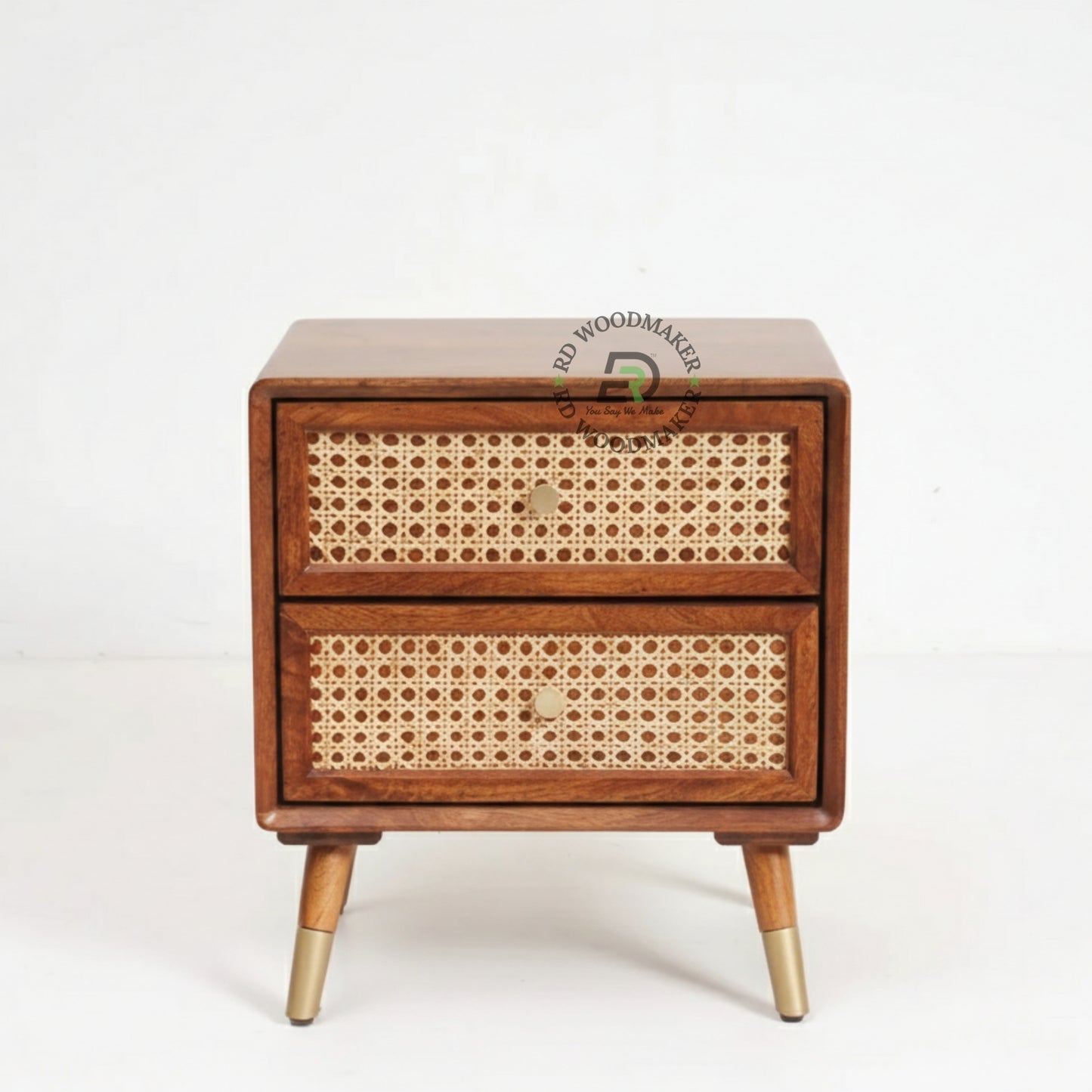 MODERN RATTAN WOODEN BEDSIDE TABLE WITH 2 DRAWERS